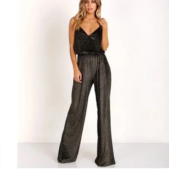 Show Me Your Mumu $194 Jagger Black Gold Velvet Metallic Wide Leg Jumpsuit SZ M - Picture 1 of 9